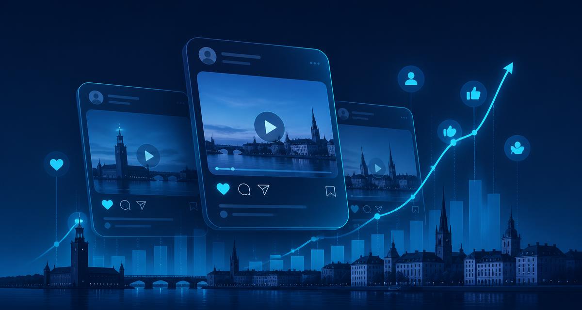 Betald social annonsering visualiserad med annonsflöden, engagemangssignaler och stigande kurvor över Stockholms silhuett