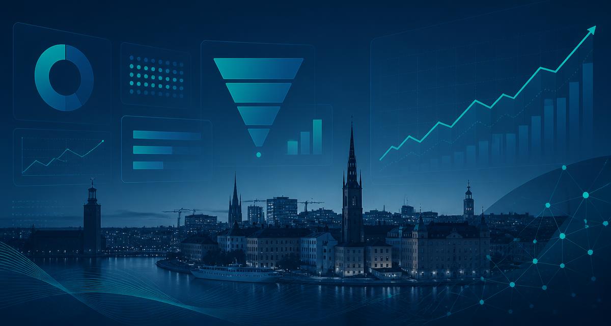 Digital marketing visualized with dashboards, a funnel and rising curves over the Stockholm skyline