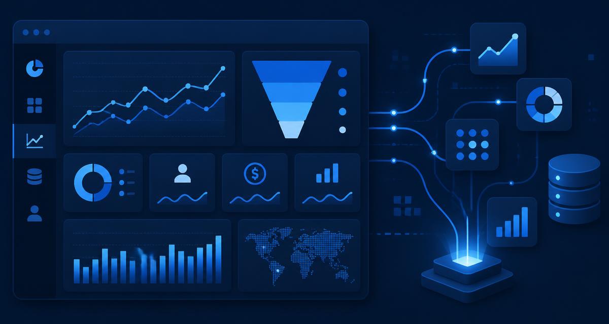 Analytics dashboard with charts, funnel and data pipeline visualized in a deep blue palette
