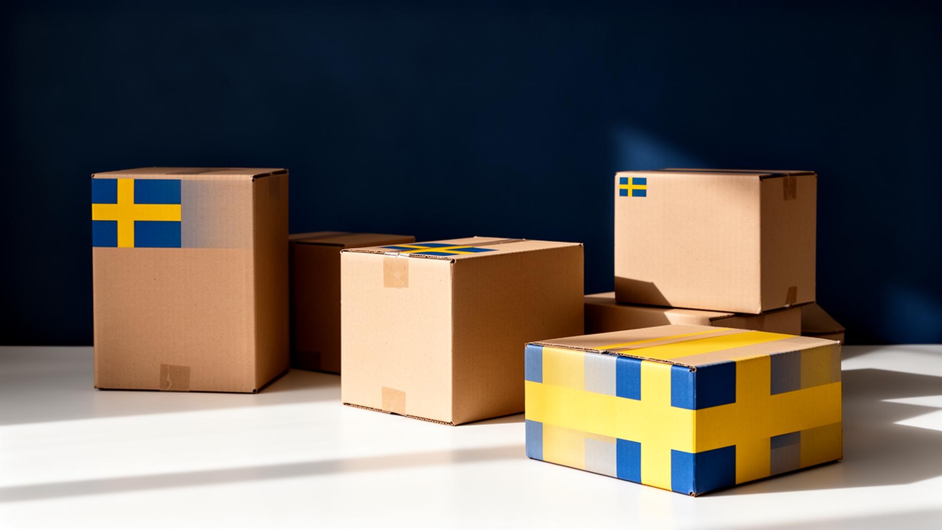 Stiliserade leveranspaket med svenska flagg-accenter mot mörkblå bakgrund